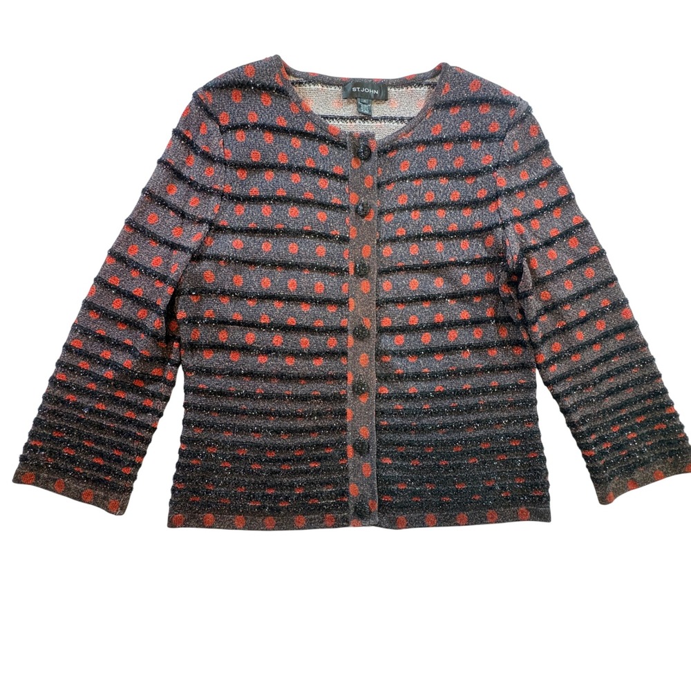 St John Metallic Polka Dot Striped Knit Cardigan Sweater Black Red Gold Medium